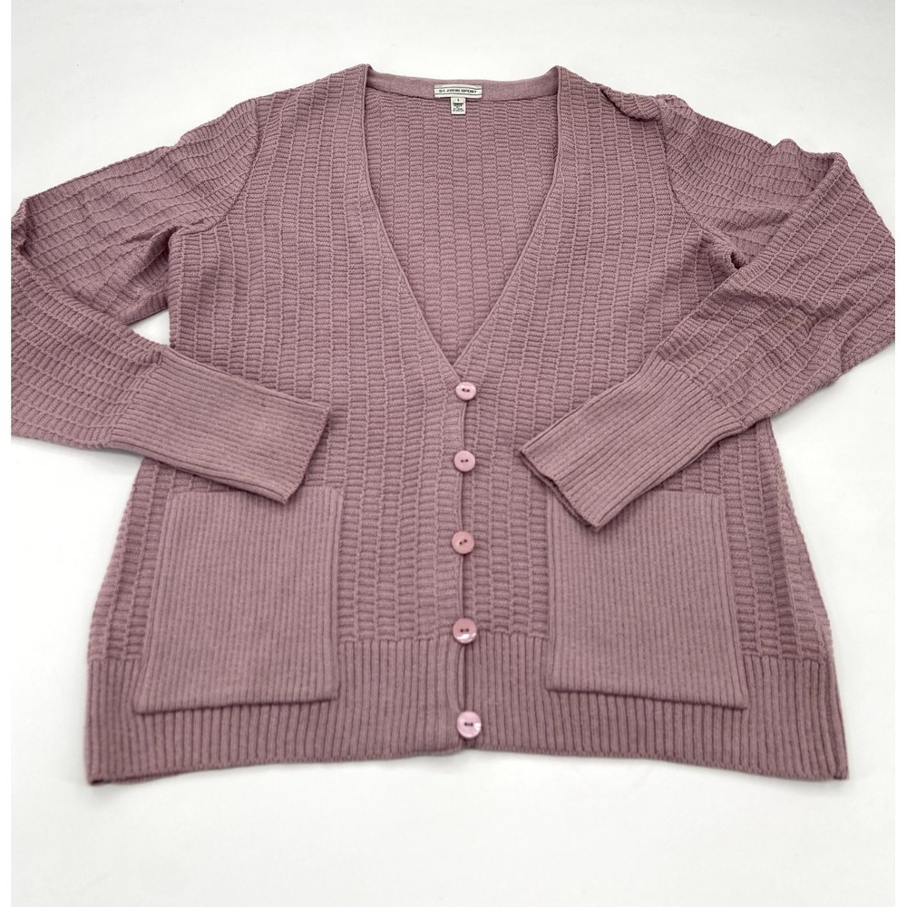 St. John Sport Mauve Pink Knit V-Neck Button Cardigan Sweater Women's Size Large